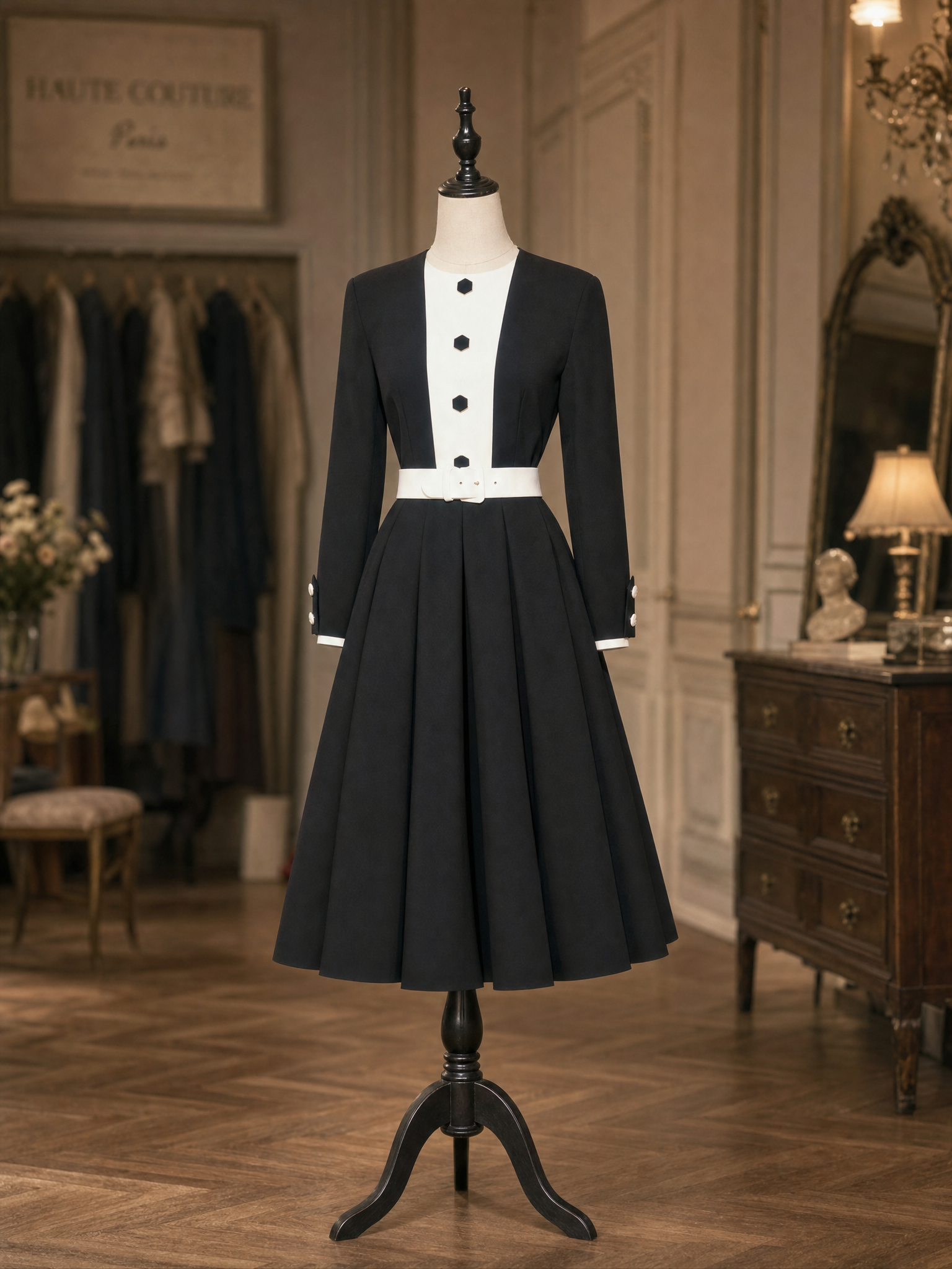 Vintage Color Block Long Sleeve Belted A‑Line Swing Cocktail Office Midi Dress