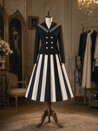 Vintage Black‑White Stripe Two‑Piece Set Embroidered Lapel Blazer & Midi Skirt