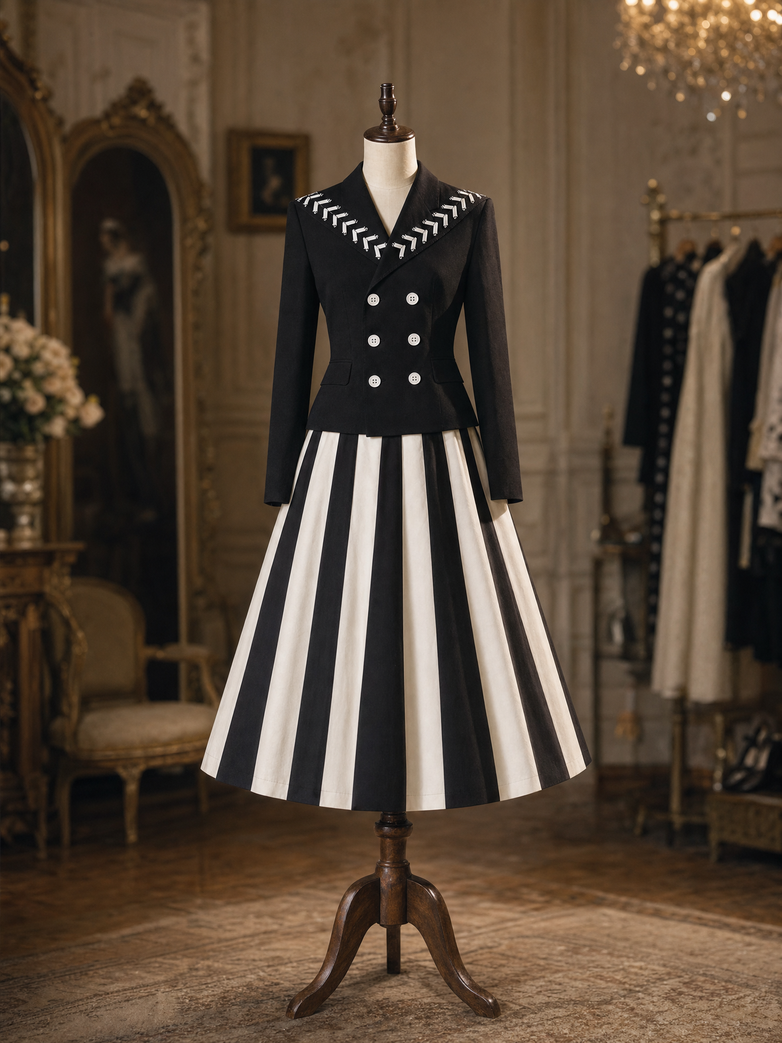 Vintage Black‑White Stripe Two‑Piece Set Embroidered Lapel Blazer & Midi Skirt