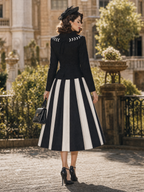 Vintage Black‑White Stripe Two‑Piece Set Embroidered Lapel Blazer & Midi Skirt