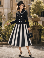 Vintage Black‑White Stripe Two‑Piece Set Embroidered Lapel Blazer & Midi Skirt