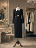 Vintage Illusion Two‑Piece Contrast Point Collar Straight Fit Office Midi Dress
