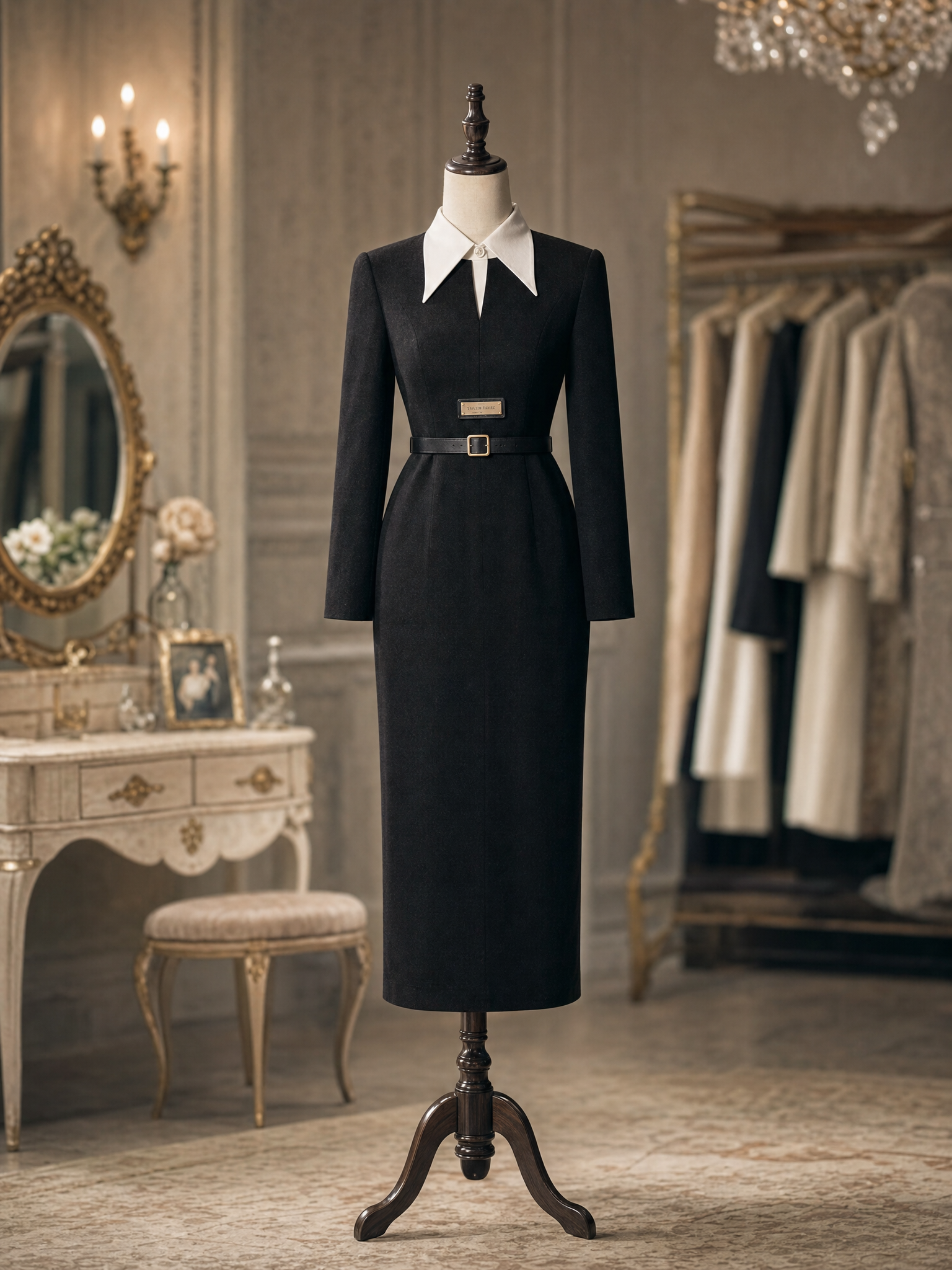 Vintage Illusion Two‑Piece Contrast Point Collar Straight Fit Office Midi Dress