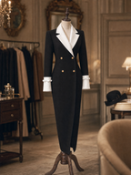 Vintage Black Illusion Two‑Piece Blazer Maxi Dress Contrast Lapel Double Breasted
