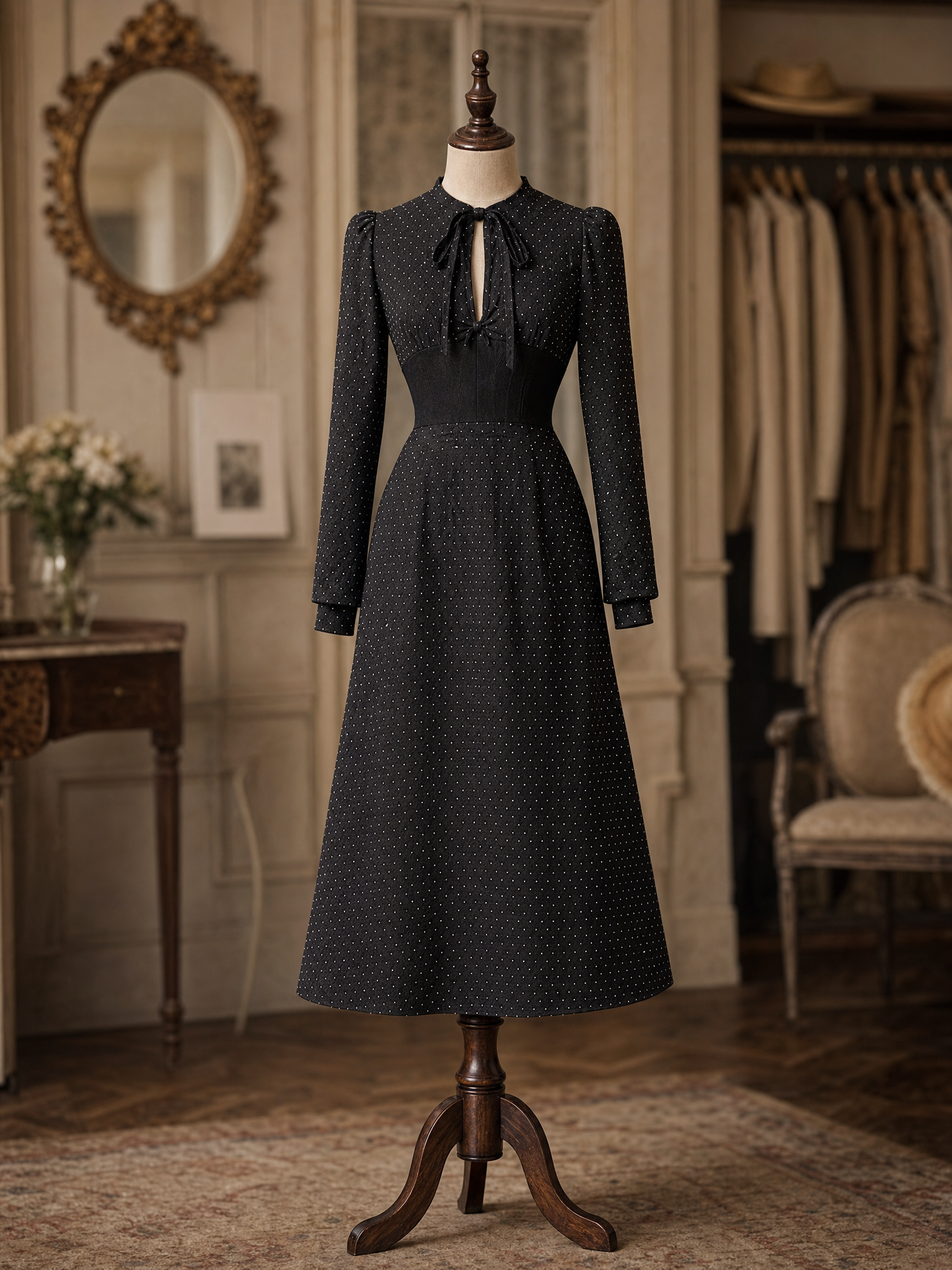 Vintage Polka Dot Tie Neck Midi Dress Long Sleeve Lace Waist A‑Line Midi Dress