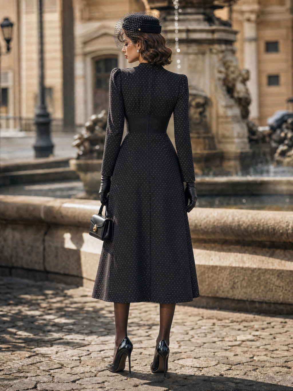 Vintage Polka Dot Tie Neck Midi Dress Long Sleeve Lace Waist A‑Line Midi Dress