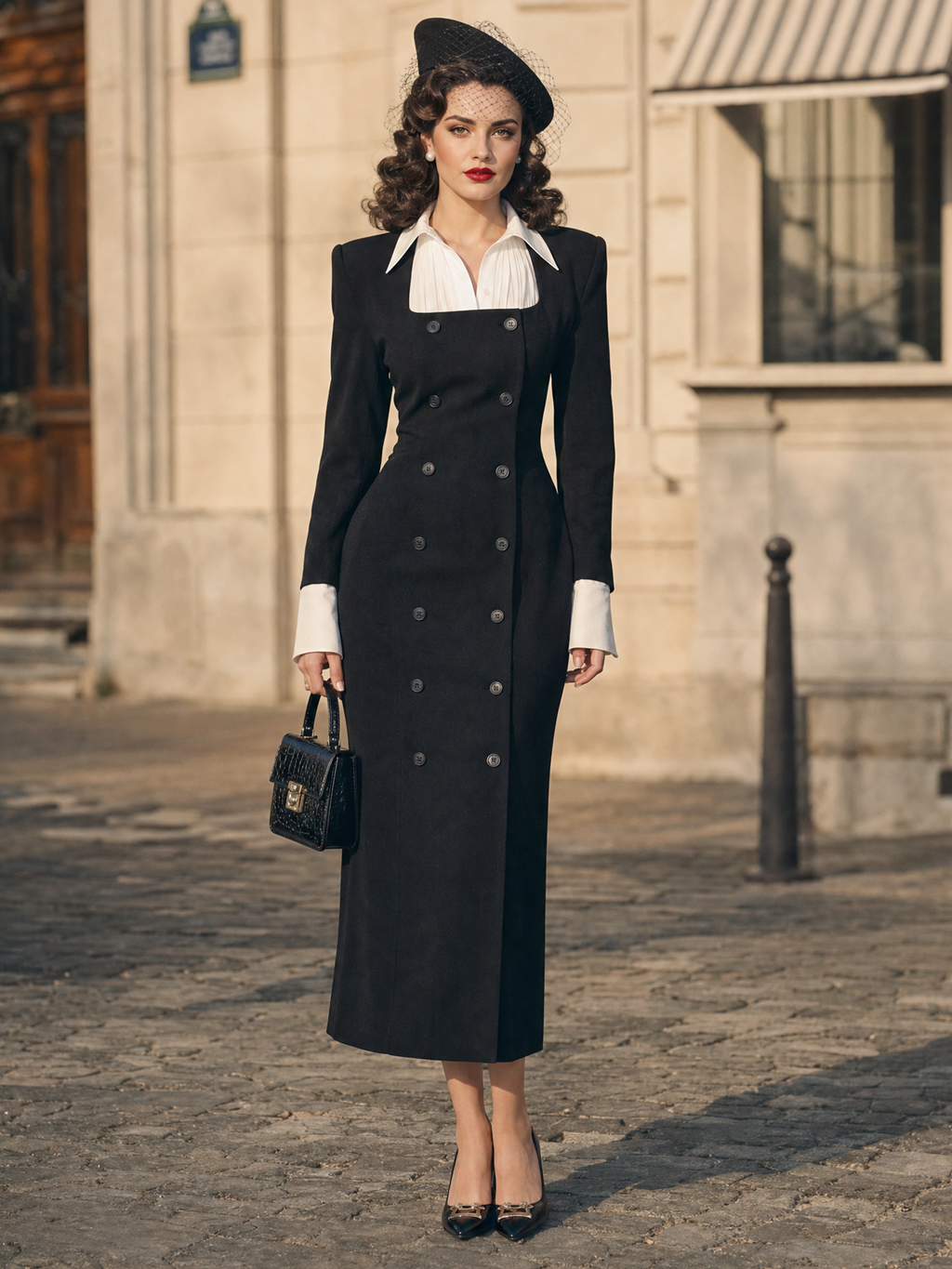 Vintage Black Illusion Two‑Piece Blazer Midi Dress Contrast Collar Double Breasted