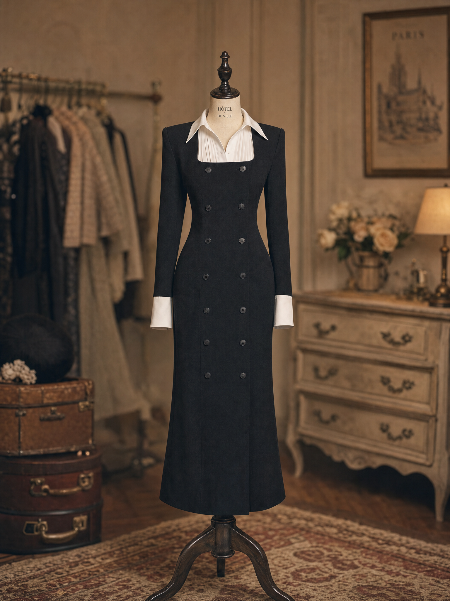 Vintage Black Illusion Two‑Piece Blazer Midi Dress Contrast Collar Double Breasted