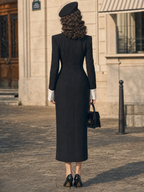 Vintage Black Illusion Two‑Piece Blazer Midi Dress Contrast Collar Double Breasted