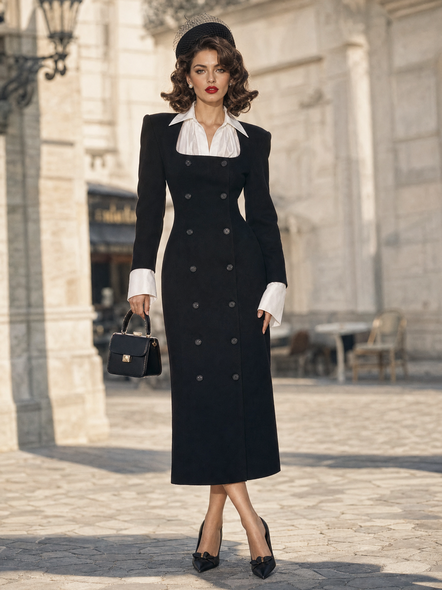 Vintage Black Illusion Two‑Piece Blazer Midi Dress Contrast Collar Double Breasted