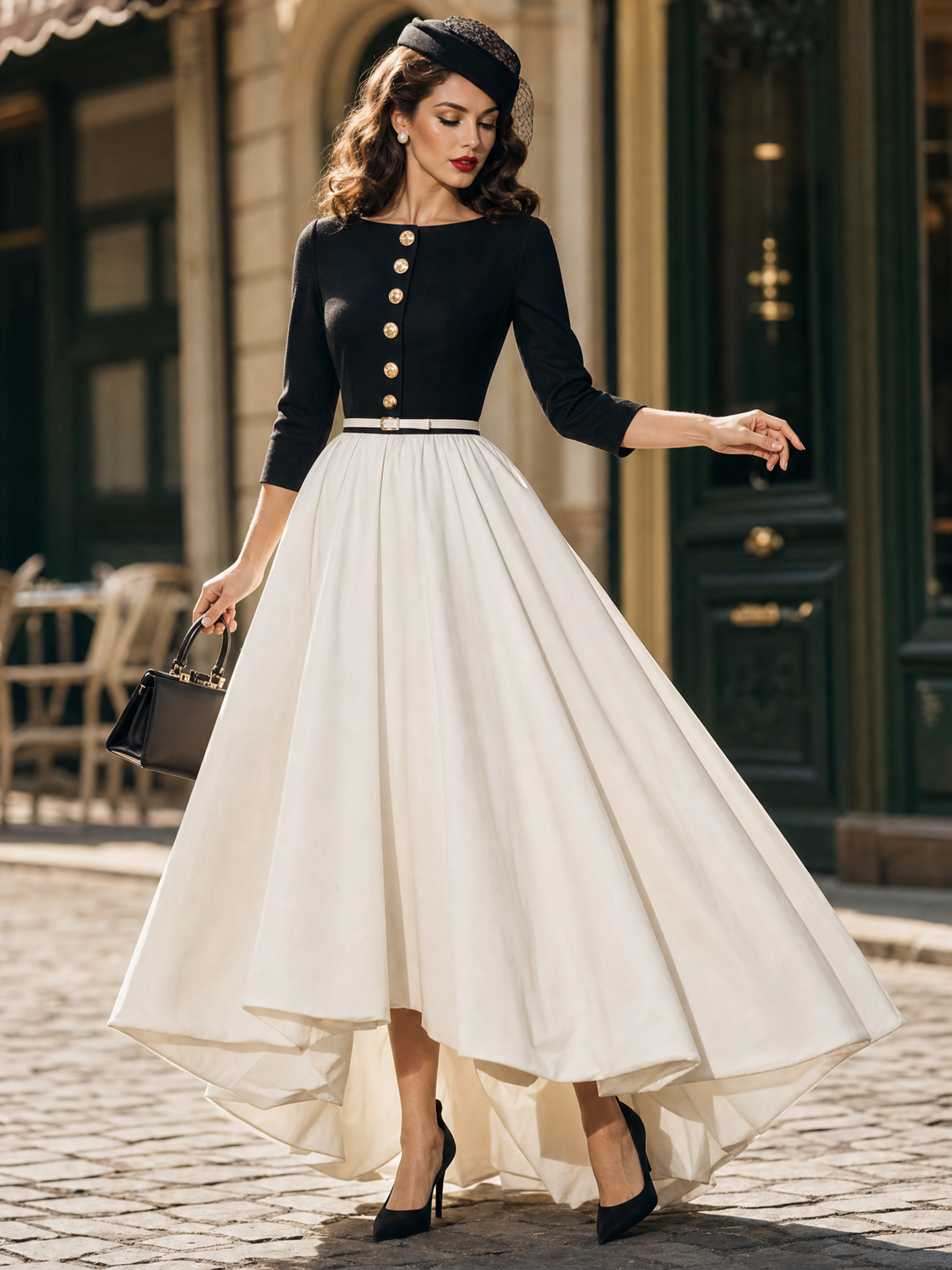 Vintage Hepburn Colorblock Round Neck 3/4 Sleeve Hi‑Lo Maxi Dress