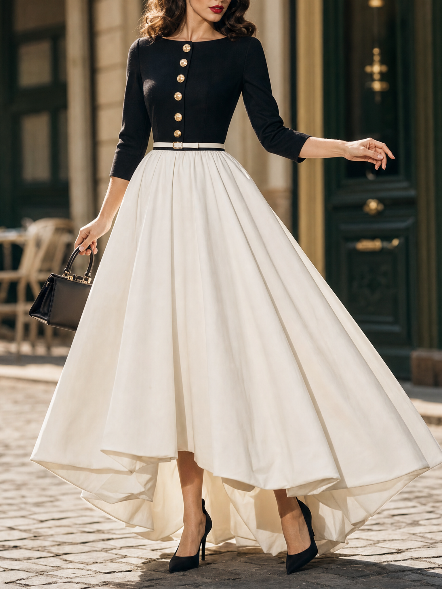 Vintage Hepburn Colorblock Round Neck 3/4 Sleeve Hi‑Lo Maxi Dress