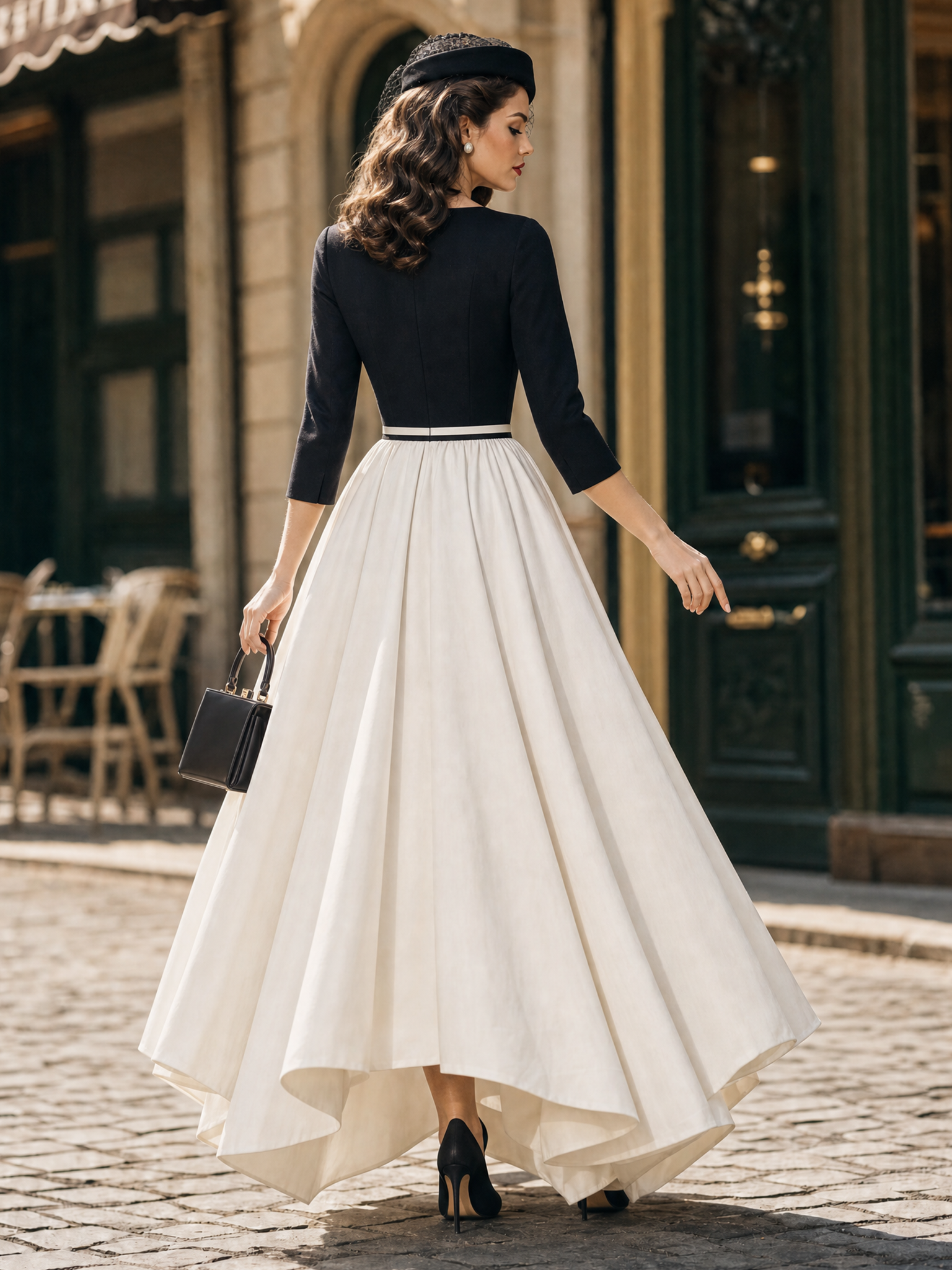 Vintage Hepburn Colorblock Round Neck 3/4 Sleeve Hi‑Lo Maxi Dress