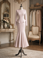 Vintage Blush Pink Long Sleeve Peplum Mermaid Formal Evening Maxi Dress