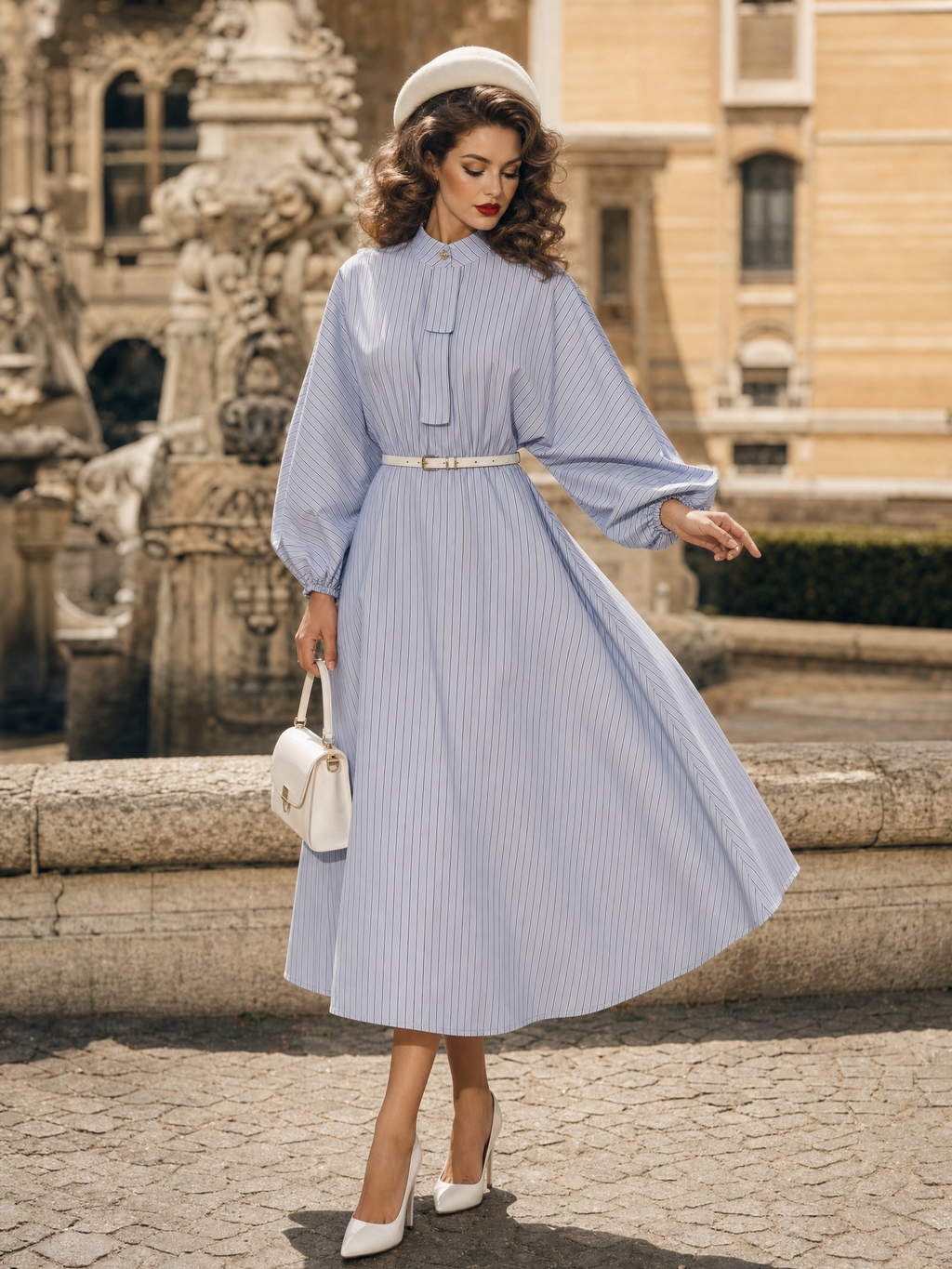 Vintage French Stand Collar Neck‑Tie Striped Lantern Sleeve Swing Shirt Midi Dress