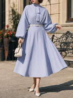 Vintage French Stand Collar Neck‑Tie Striped Lantern Sleeve Swing Shirt Midi Dress