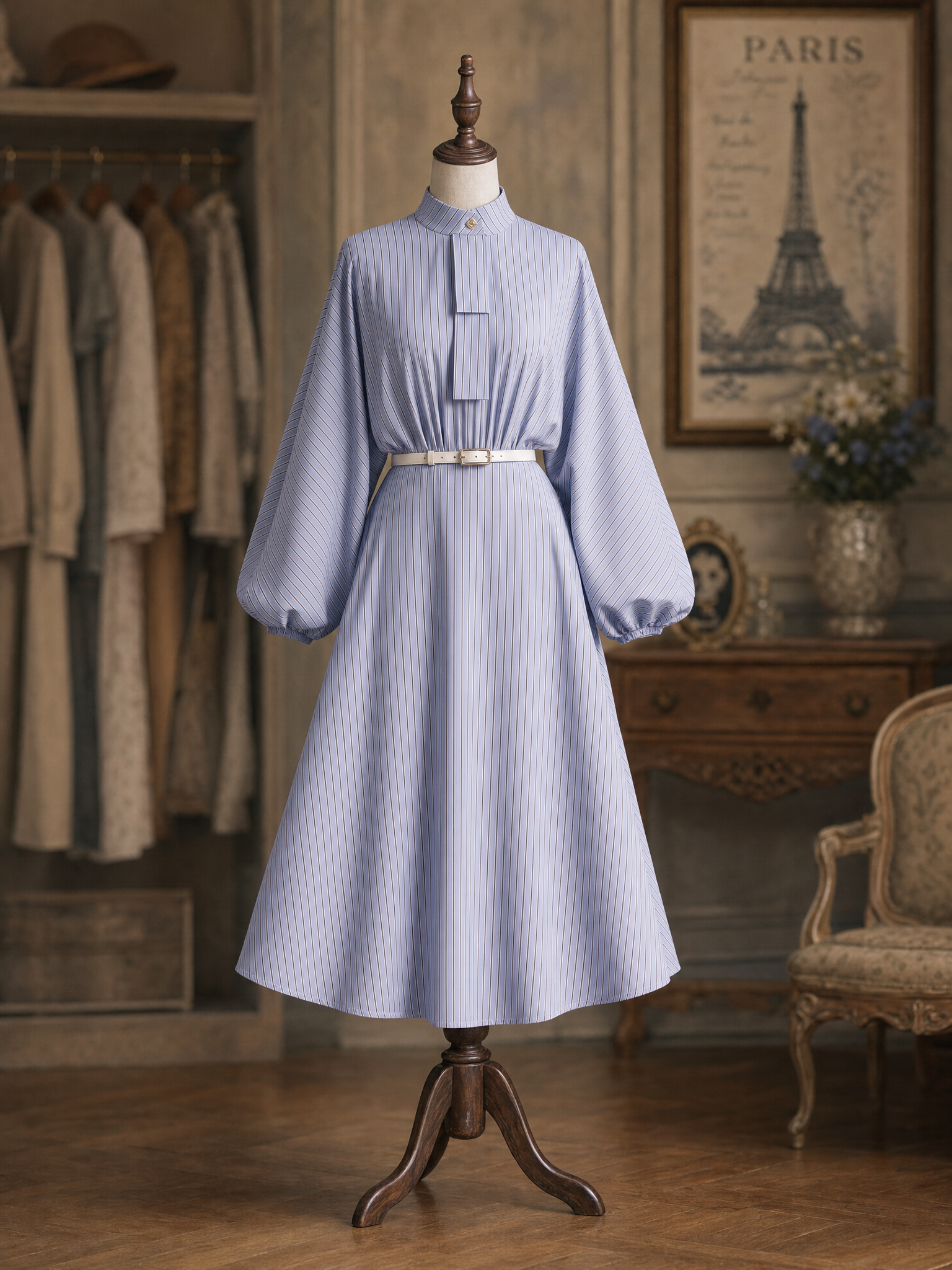 Vintage French Stand Collar Neck‑Tie Striped Lantern Sleeve Swing Shirt Midi Dress