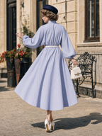 Vintage French Stand Collar Neck‑Tie Striped Lantern Sleeve Swing Shirt Midi Dress