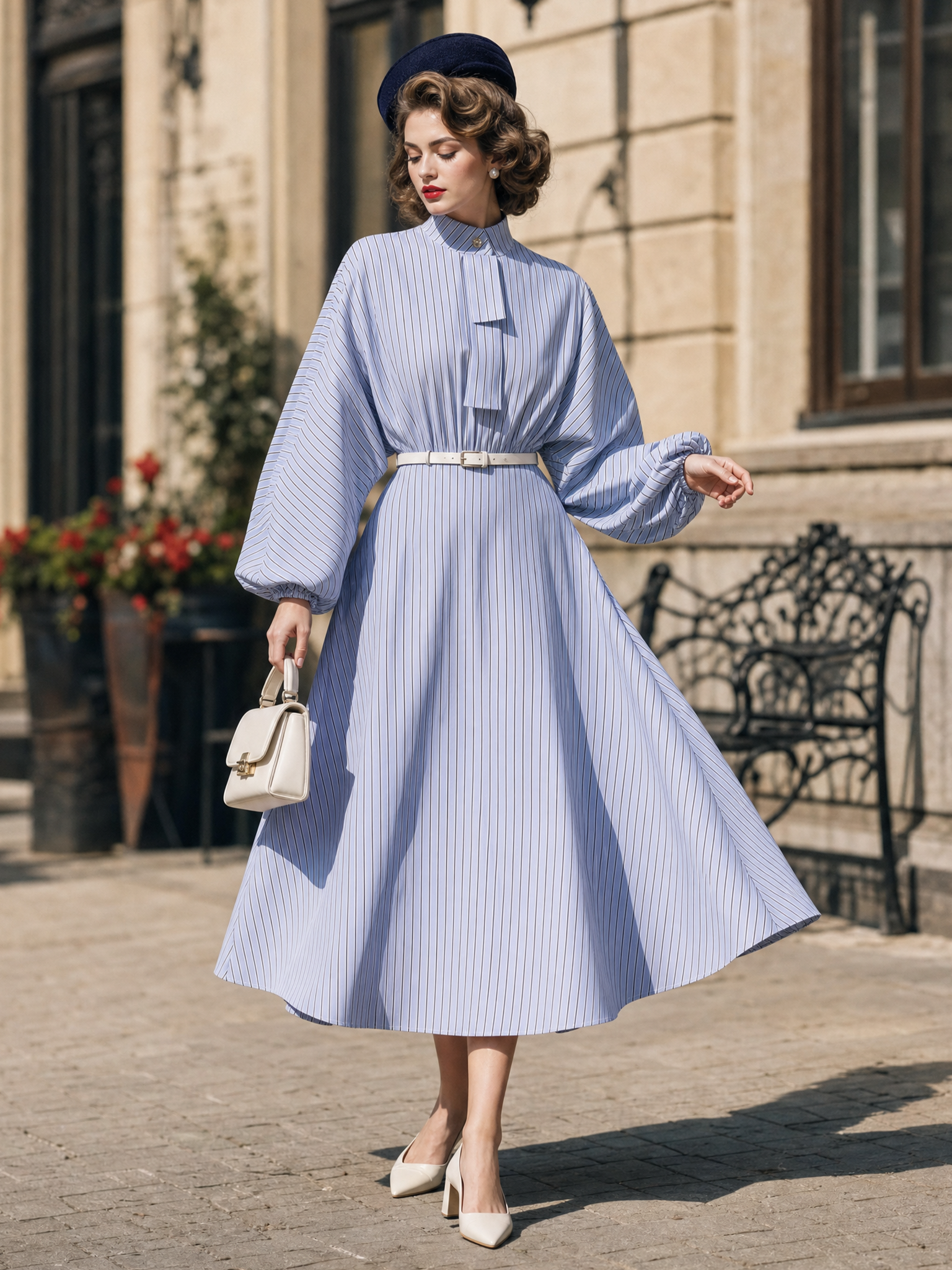 Vintage French Stand Collar Neck‑Tie Striped Lantern Sleeve Swing Shirt Midi Dress