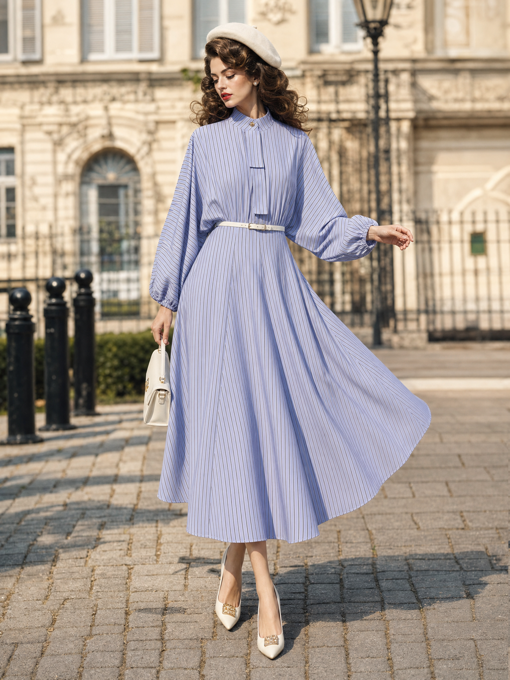 Vintage French Stand Collar Neck‑Tie Striped Lantern Sleeve Swing Shirt Midi Dress