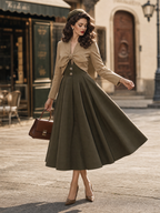 Vintage Bow Knot Fake Two‑Piece Midi Dress Long Sleeve High Waist Swing Dress