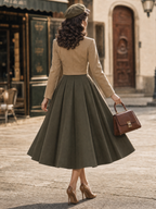 Vintage Bow Knot Fake Two‑Piece Midi Dress Long Sleeve High Waist Swing Dress