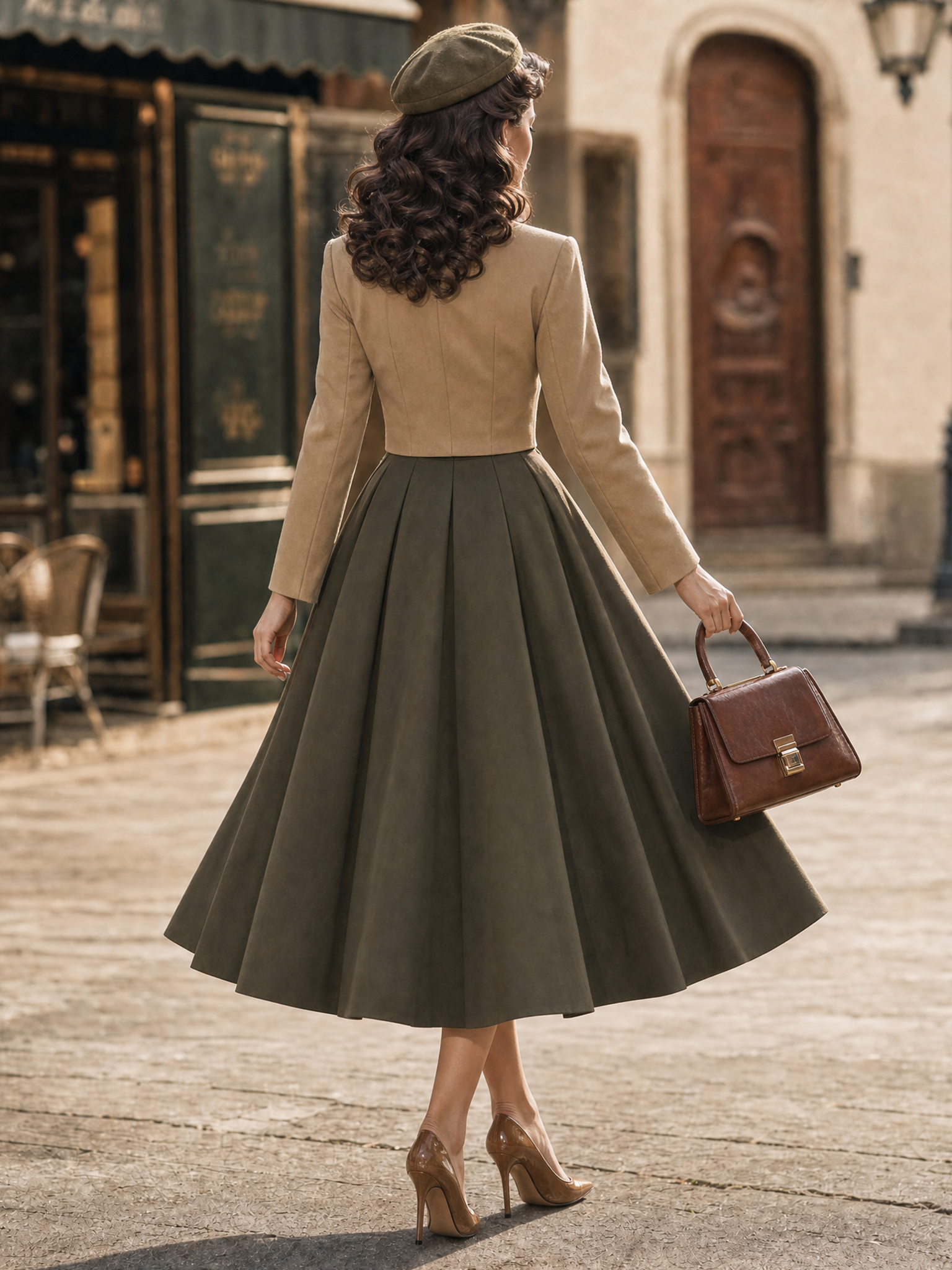 Vintage Bow Knot Fake Two‑Piece Midi Dress Long Sleeve High Waist Swing Dress