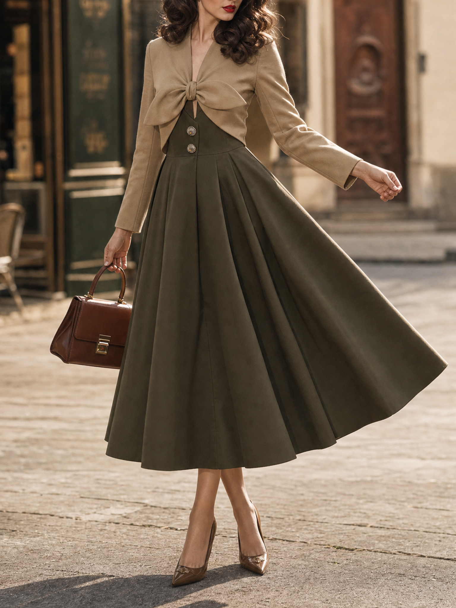 Vintage Bow Knot Fake Two‑Piece Midi Dress Long Sleeve High Waist Swing Dress