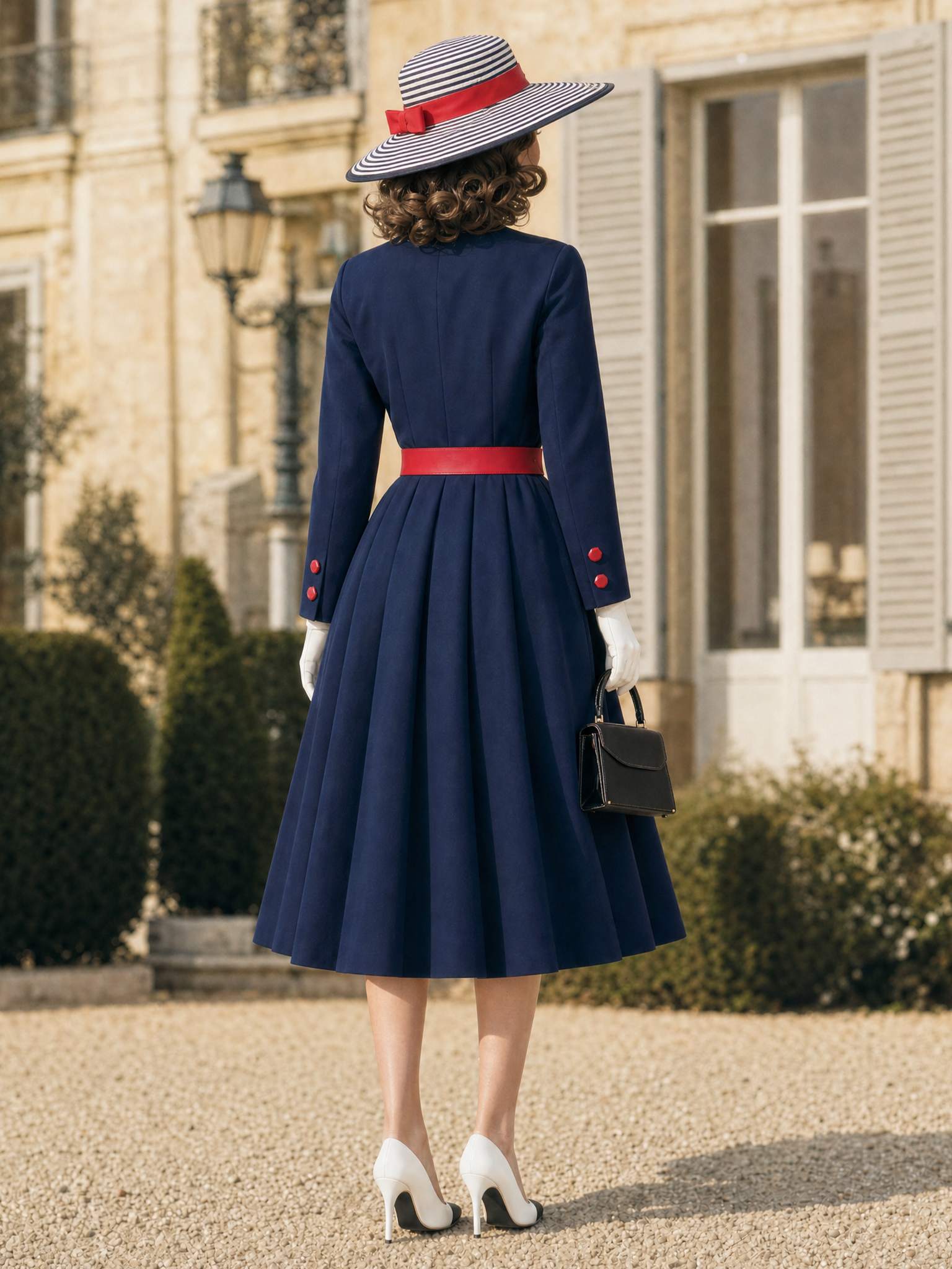 Vintage 1950s Color Block Midi Dress Long Sleeve Belted Swing Formal Party Dress