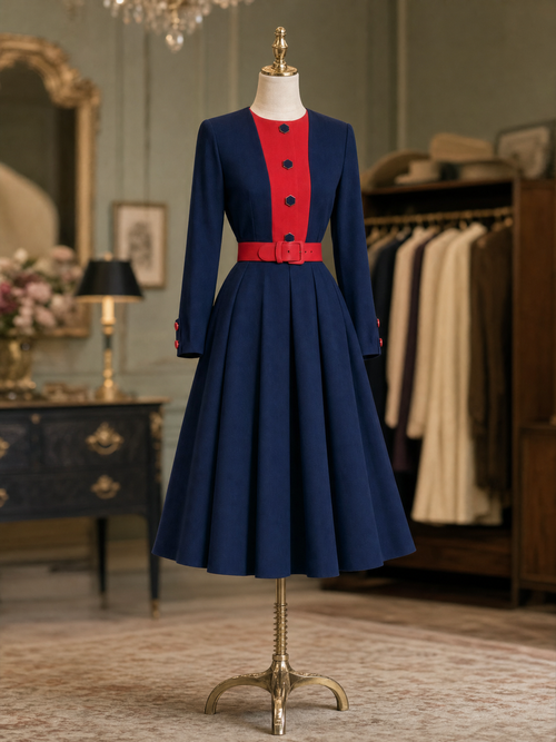 Vintage 1950s Color Block Midi Dress Long Sleeve Belted Swing Formal Party Dress
