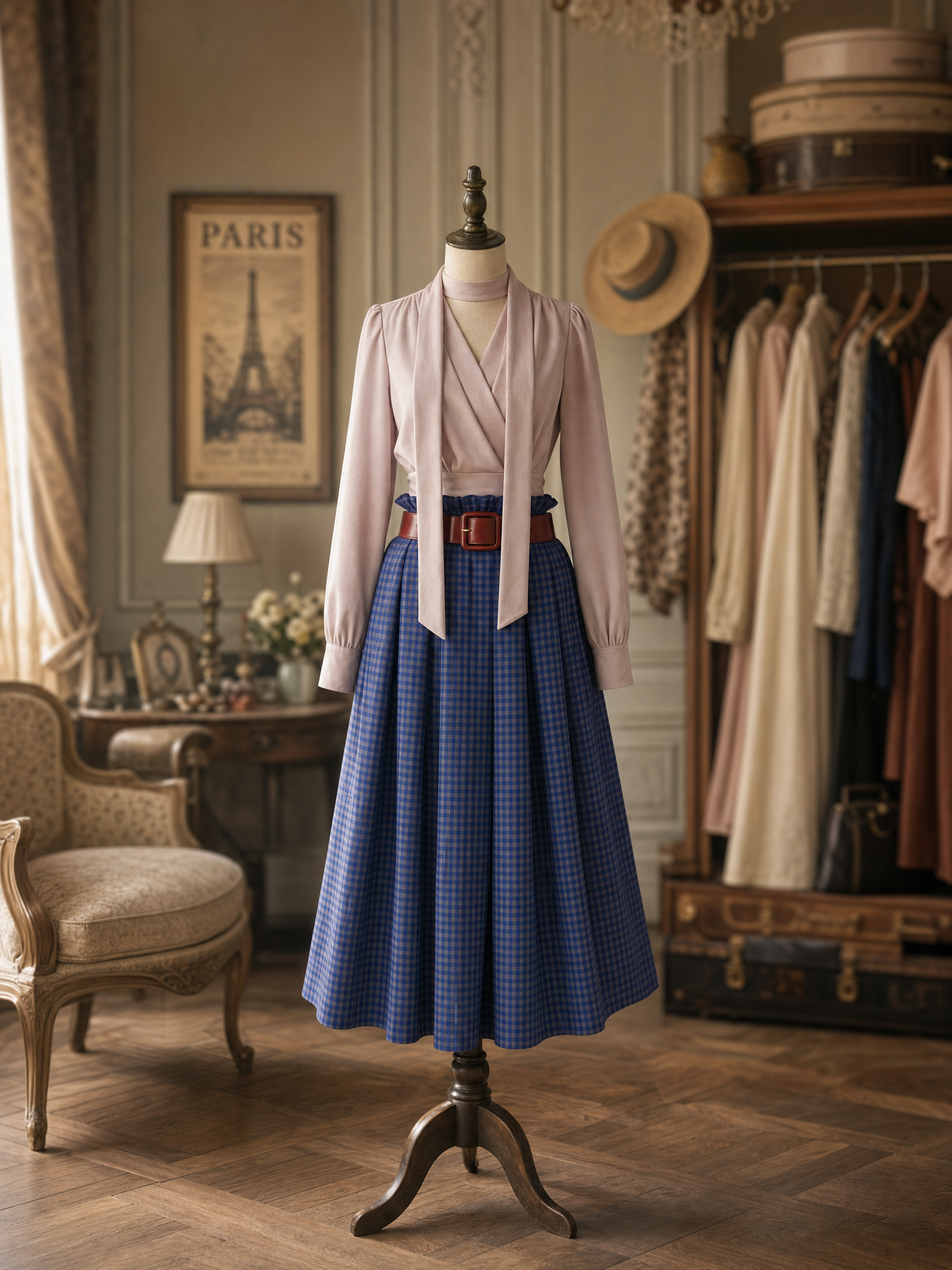 Vintage Two‑Piece Set Choker Tie Blouse Gingham Paperbag Waist Midi Skirt