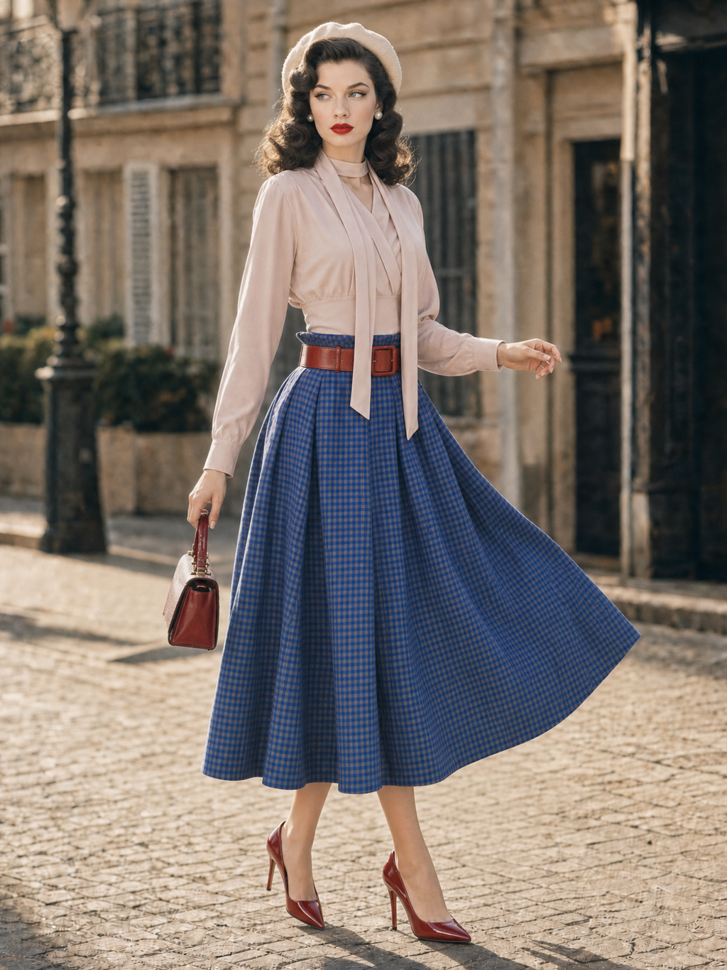 Vintage Two‑Piece Set Choker Tie Blouse Gingham Paperbag Waist Midi Skirt
