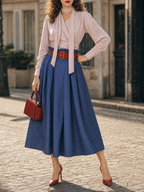 Vintage Two‑Piece Set Choker Tie Blouse Gingham Paperbag Waist Midi Skirt