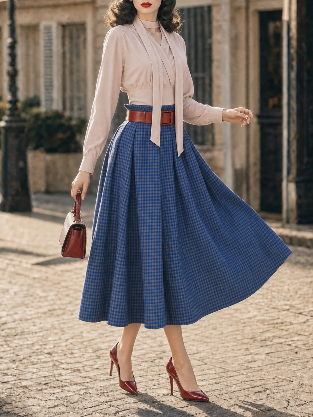 Vintage Two‑Piece Set Choker Tie Blouse Gingham Paperbag Waist Midi Skirt