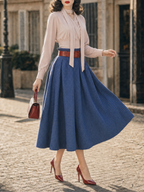 Vintage Two‑Piece Set Choker Tie Blouse Gingham Paperbag Waist Midi Skirt