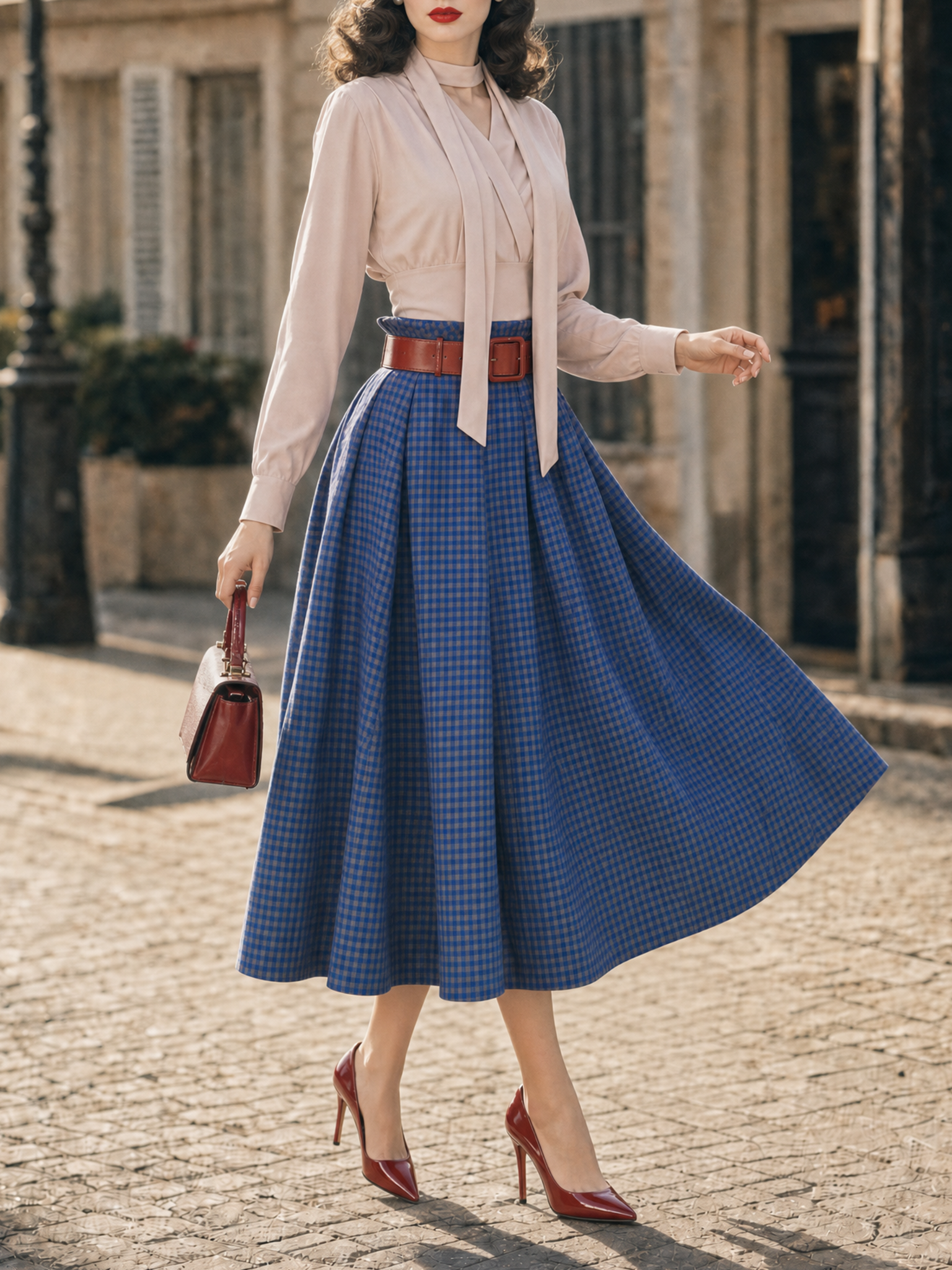 Vintage Two‑Piece Set Choker Tie Blouse Gingham Paperbag Waist Midi Skirt