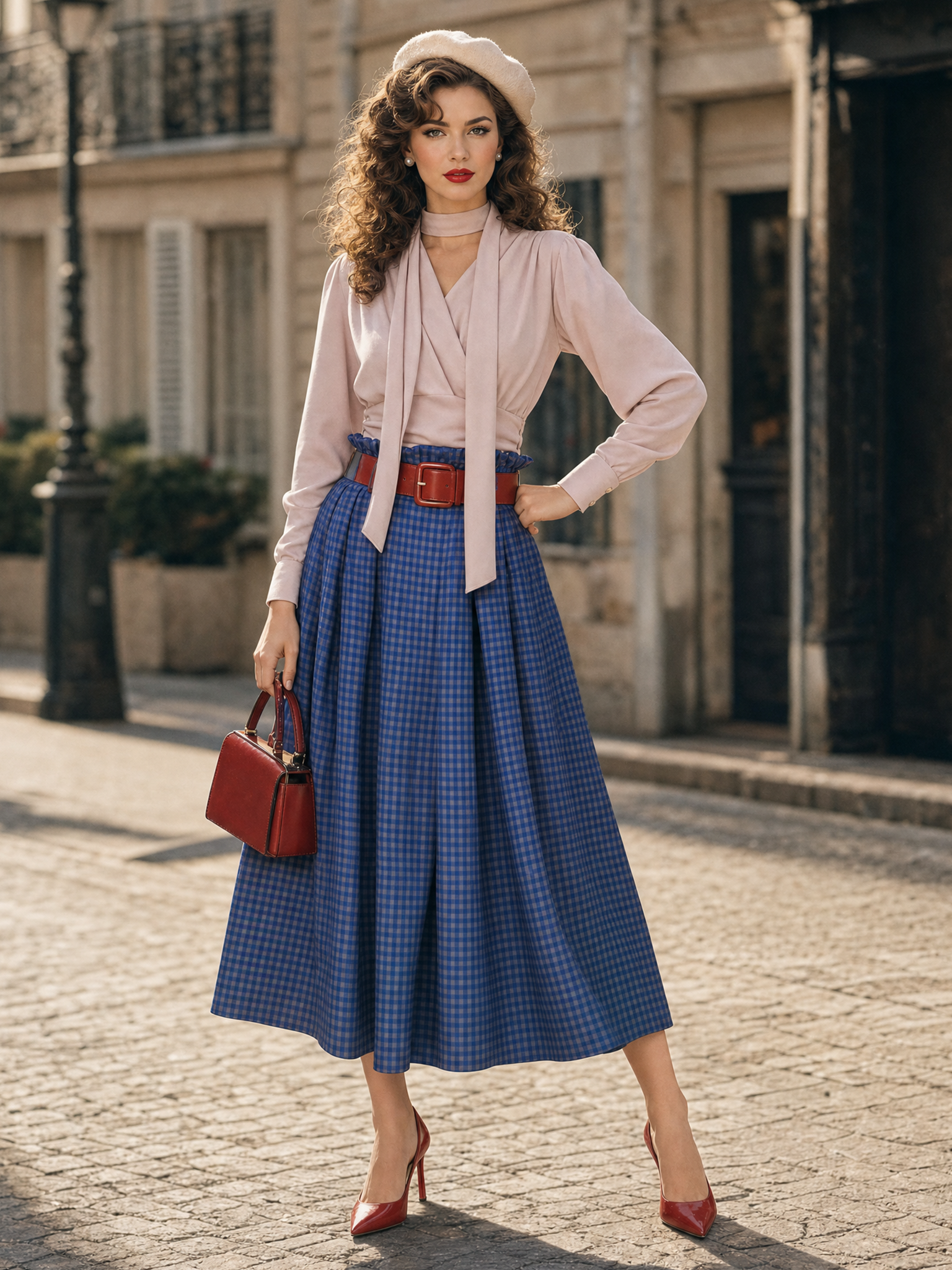 Vintage Two‑Piece Set Choker Tie Blouse Gingham Paperbag Waist Midi Skirt
