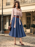 Vintage Two‑Piece Set Choker Tie Blouse Gingham Paperbag Waist Midi Skirt
