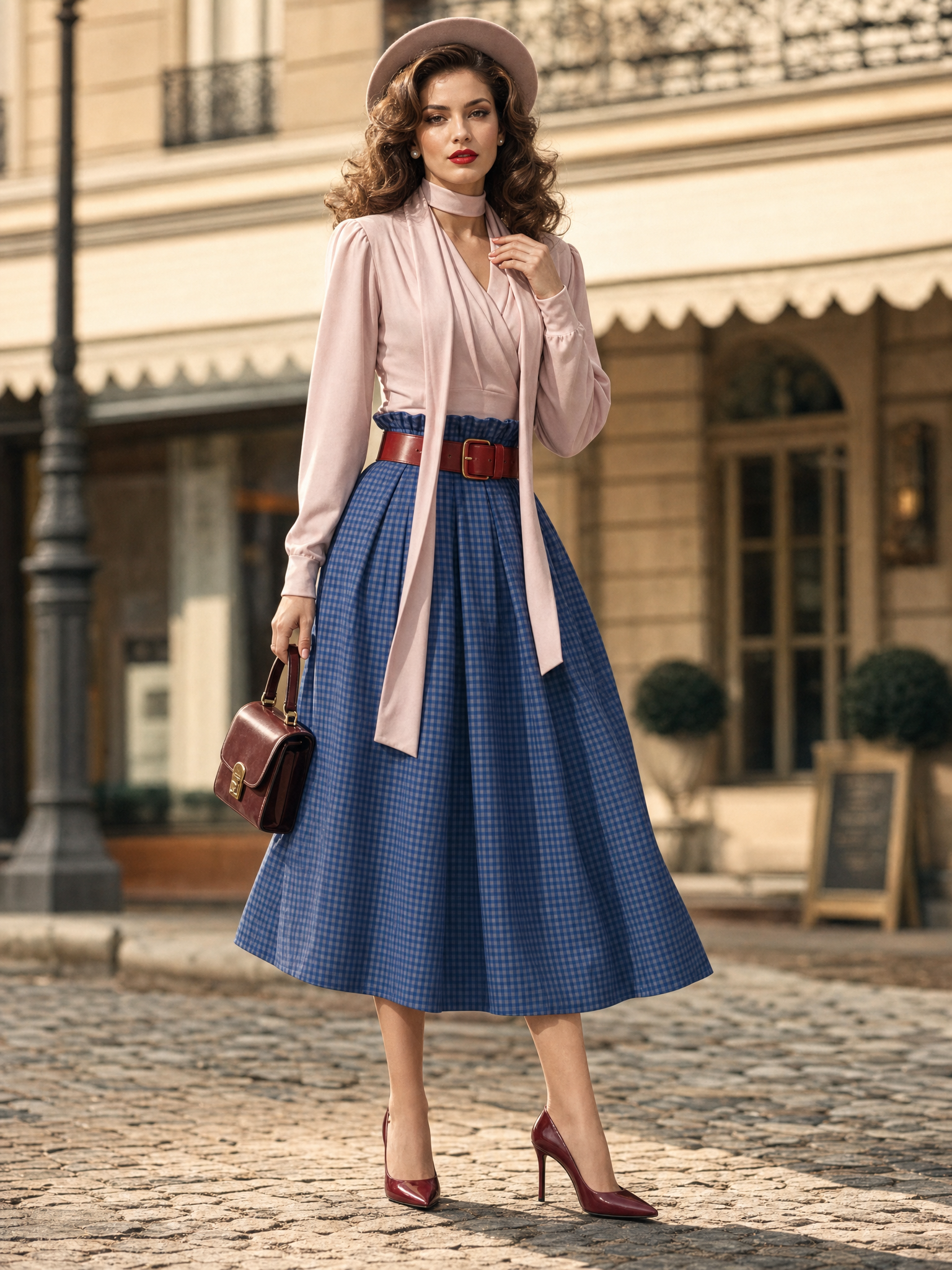 Vintage Two‑Piece Set Choker Tie Blouse Gingham Paperbag Waist Midi Skirt