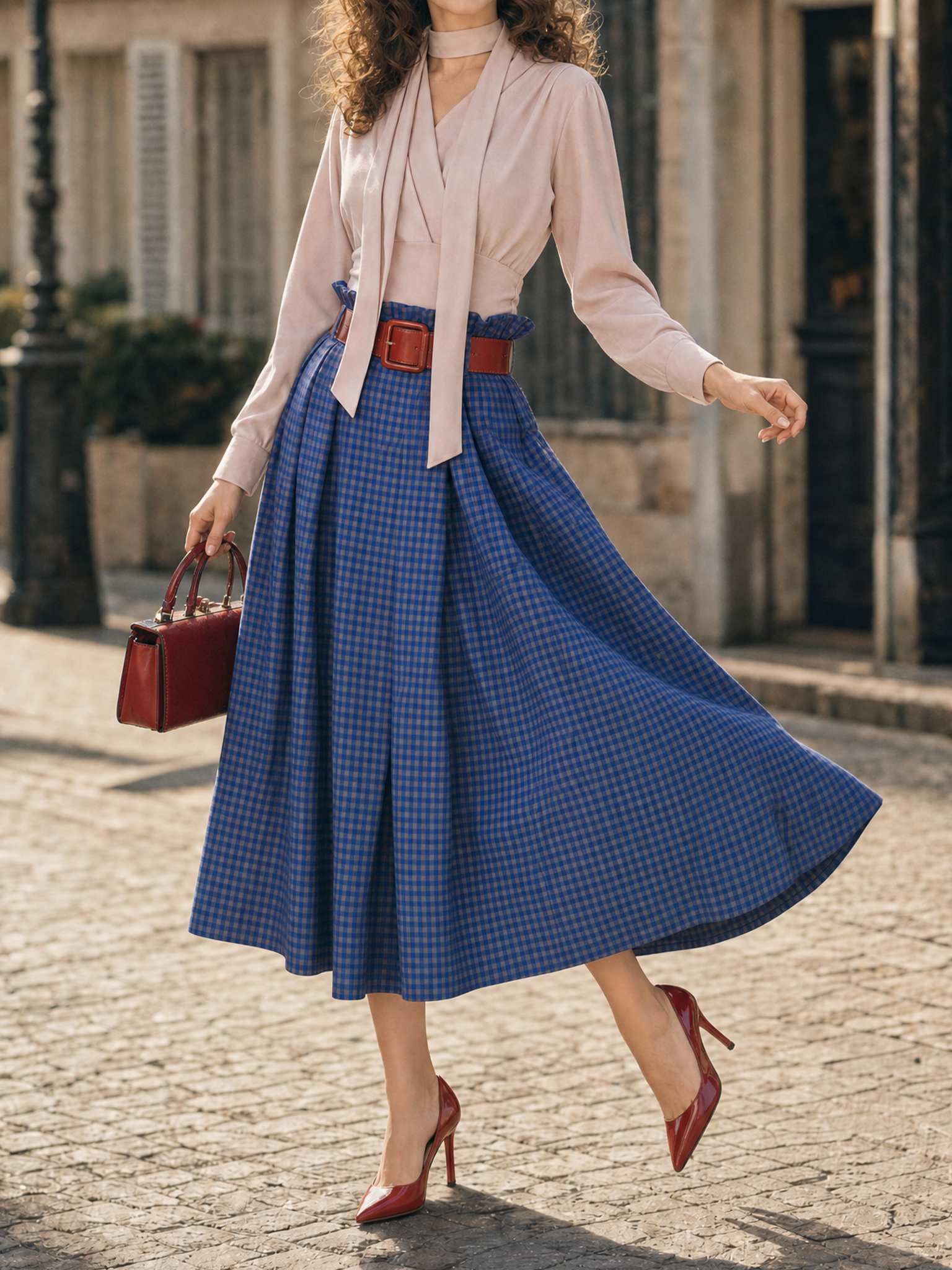 Vintage Two‑Piece Set Choker Tie Blouse Gingham Paperbag Waist Midi Skirt