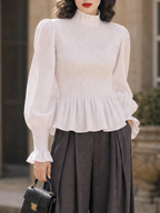 Vintage Mock Neck Smocked Peplum Blouse Puff Long Sleeve Ruffle Cuffs White Top