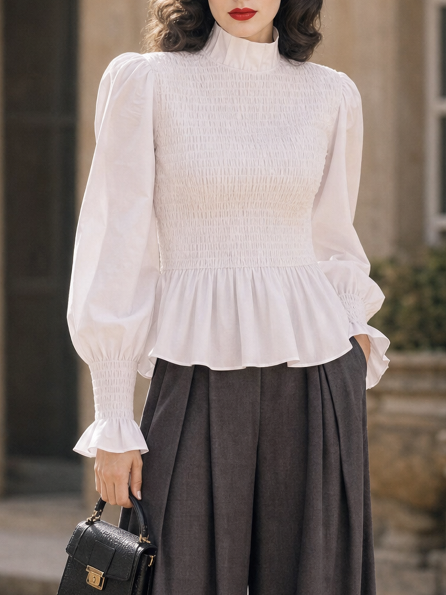 Vintage Mock Neck Smocked Peplum Blouse Puff Long Sleeve Ruffle Cuffs White Top