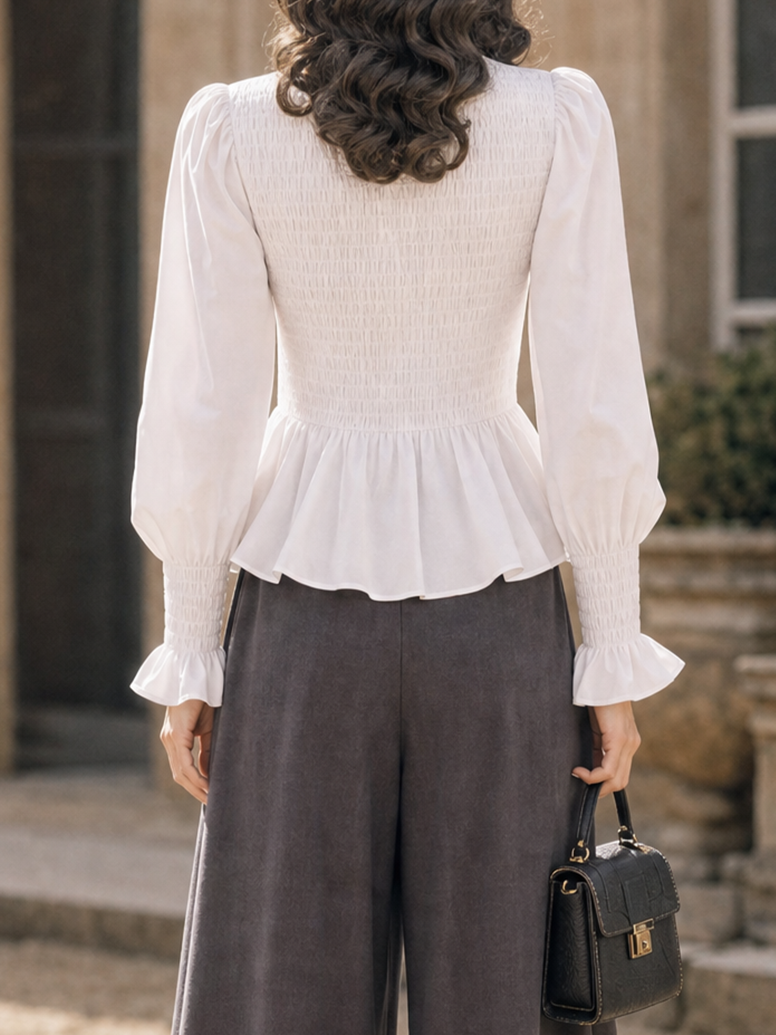 Vintage Mock Neck Smocked Peplum Blouse Puff Long Sleeve Ruffle Cuffs White Top