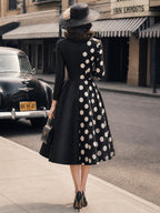 Vintage Black White Polka-Dot Panel A-Line Midi Dress