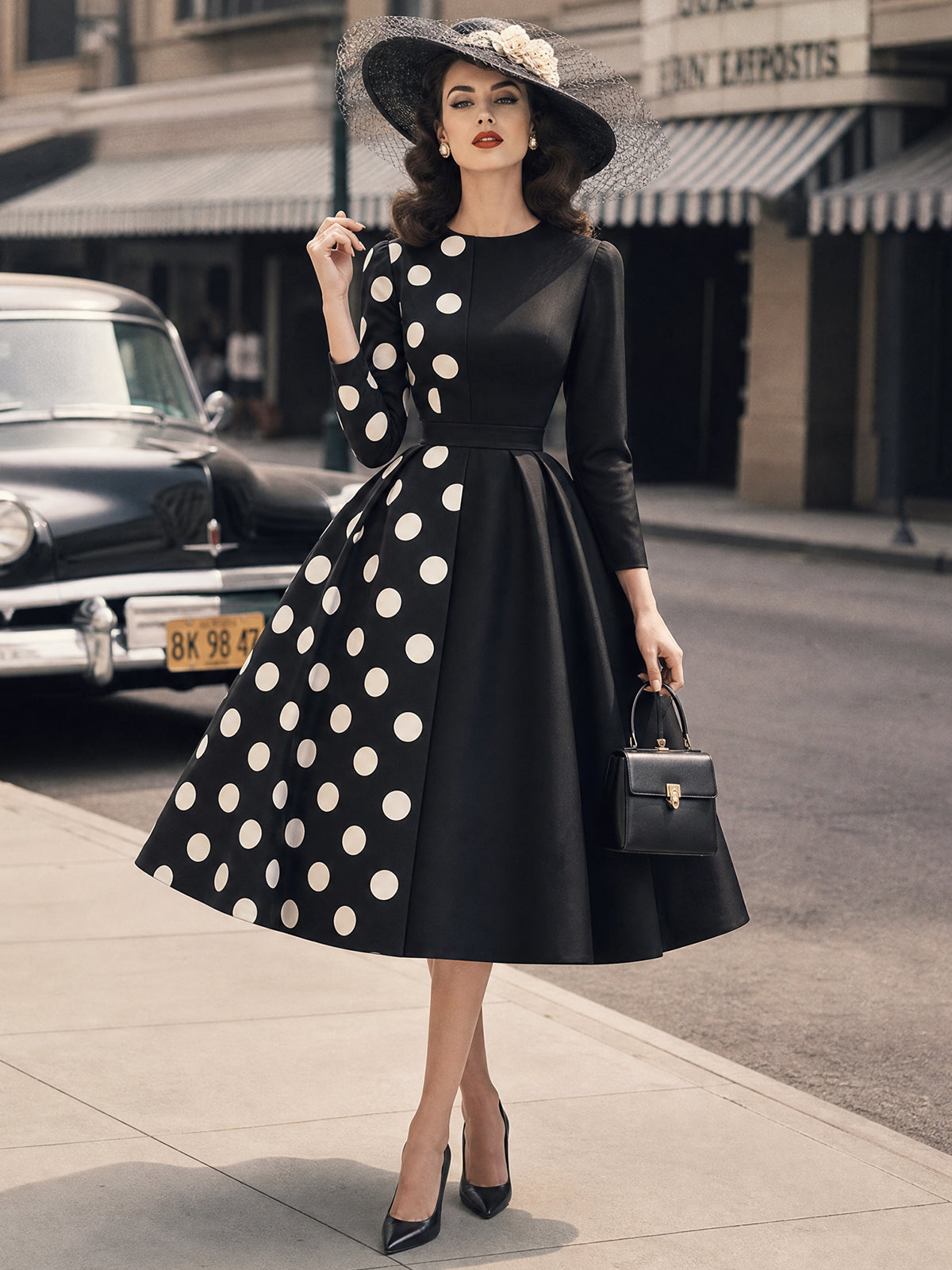 Vintage Black White Polka-Dot Panel A-Line Midi Dress