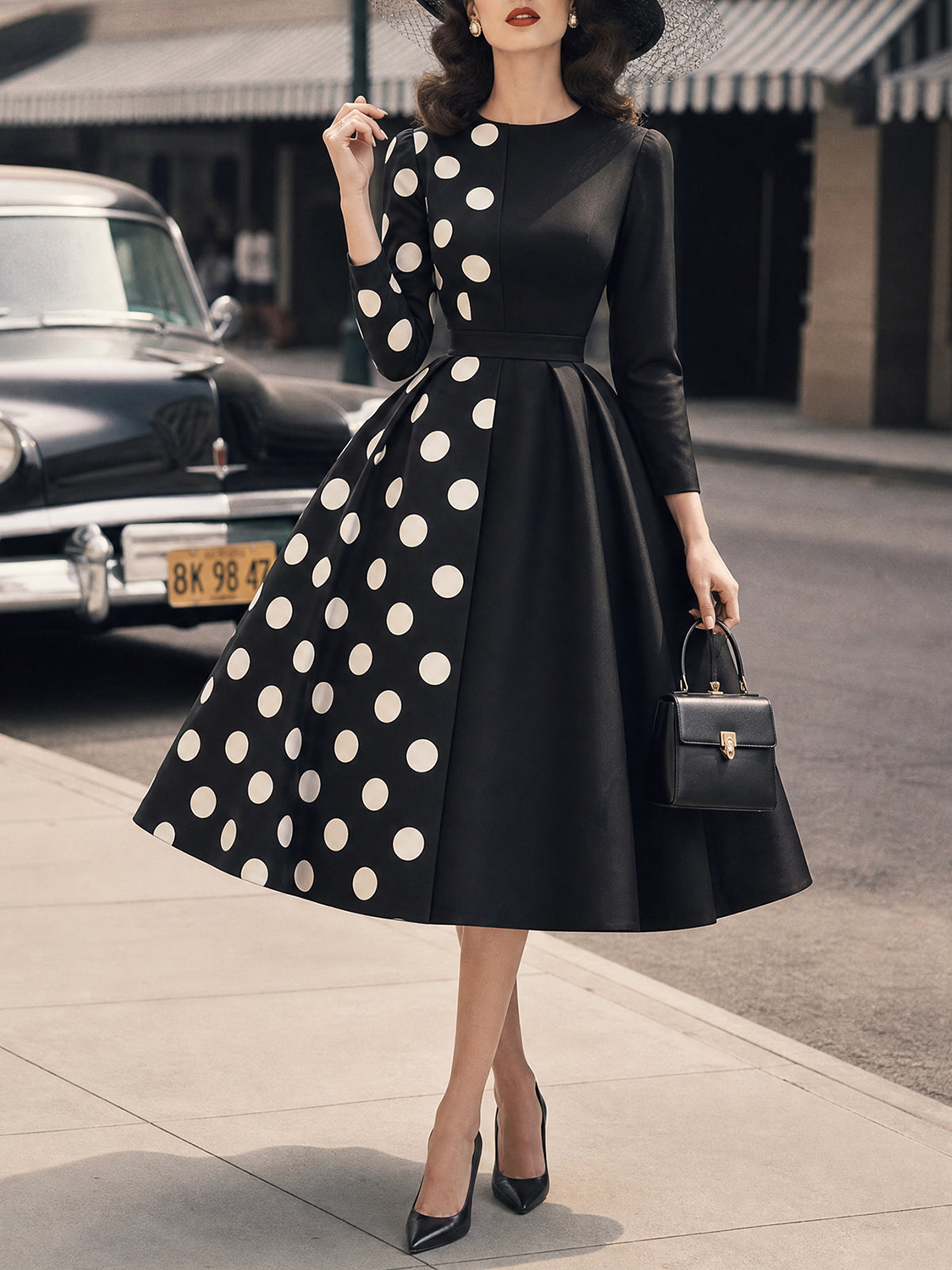 Vintage Black White Polka-Dot Panel A-Line Midi Dress