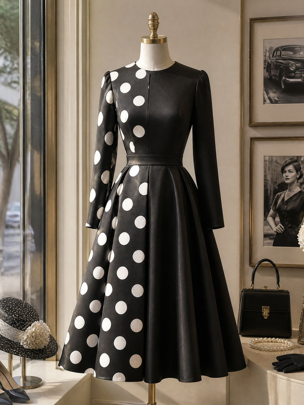 Vintage Black White Polka-Dot Panel A-Line Midi Dress