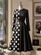 Vintage Black White Polka-Dot Panel A-Line Midi Dress