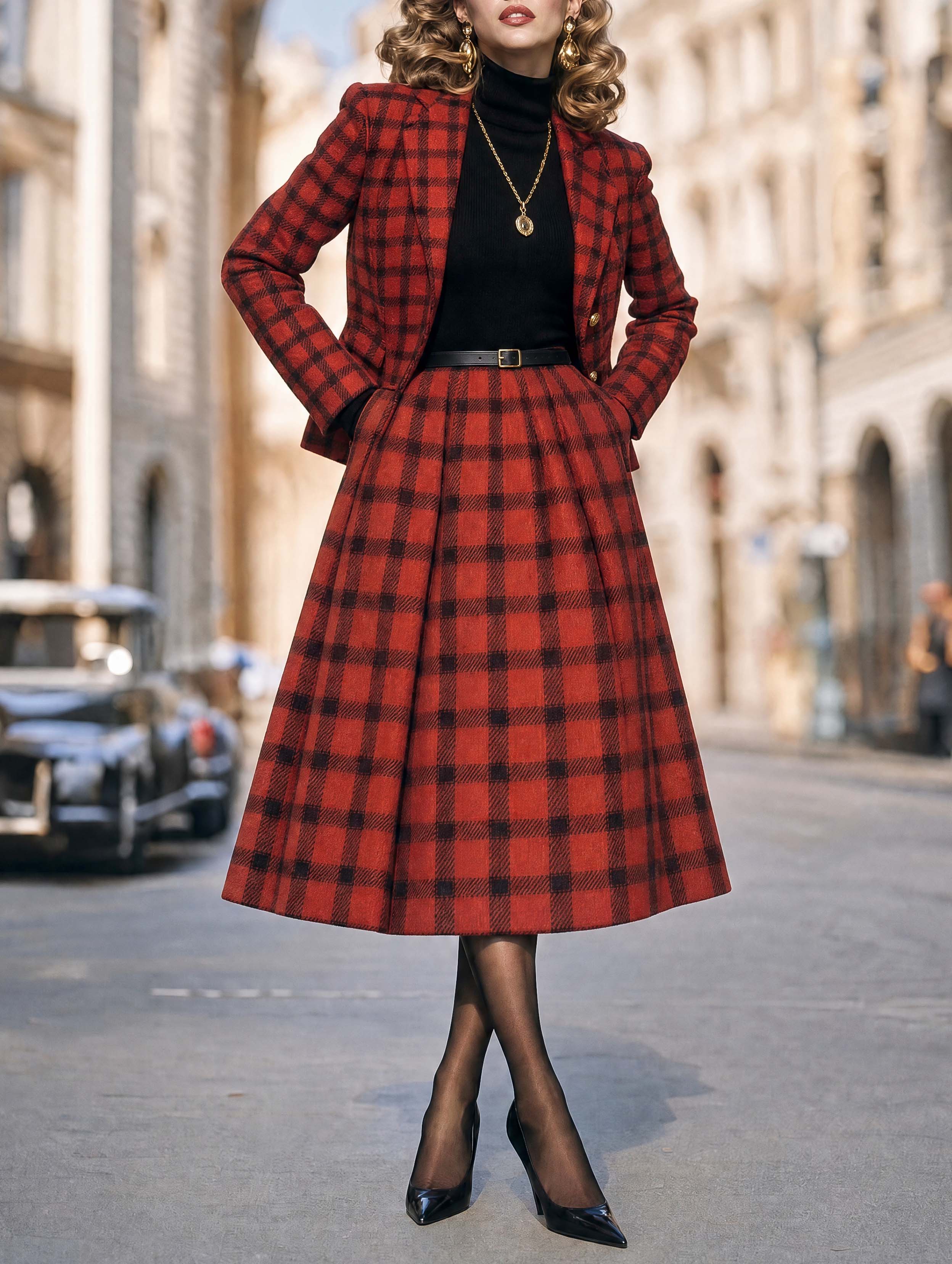 Vintage Plaid Blazer Midi Skirt Outfit