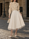 Vintage Two‑Piece Set Draped Cowl Neck Blouse Mesh Hem A‑Line Midi Skirt